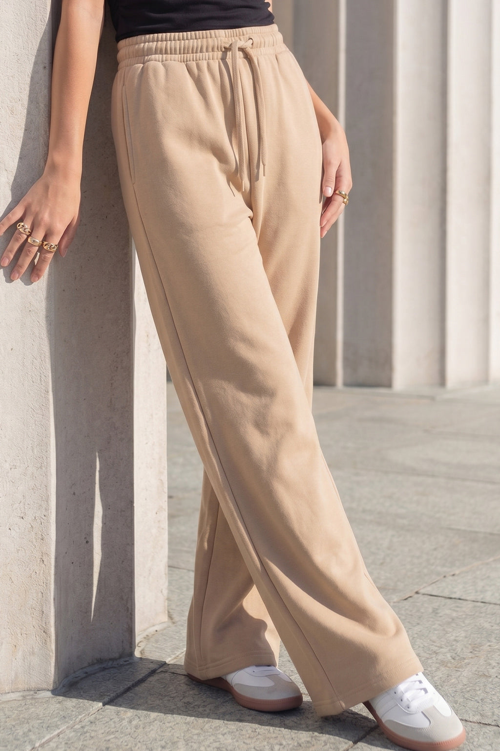 Beige Plain Wide Leg Track pant