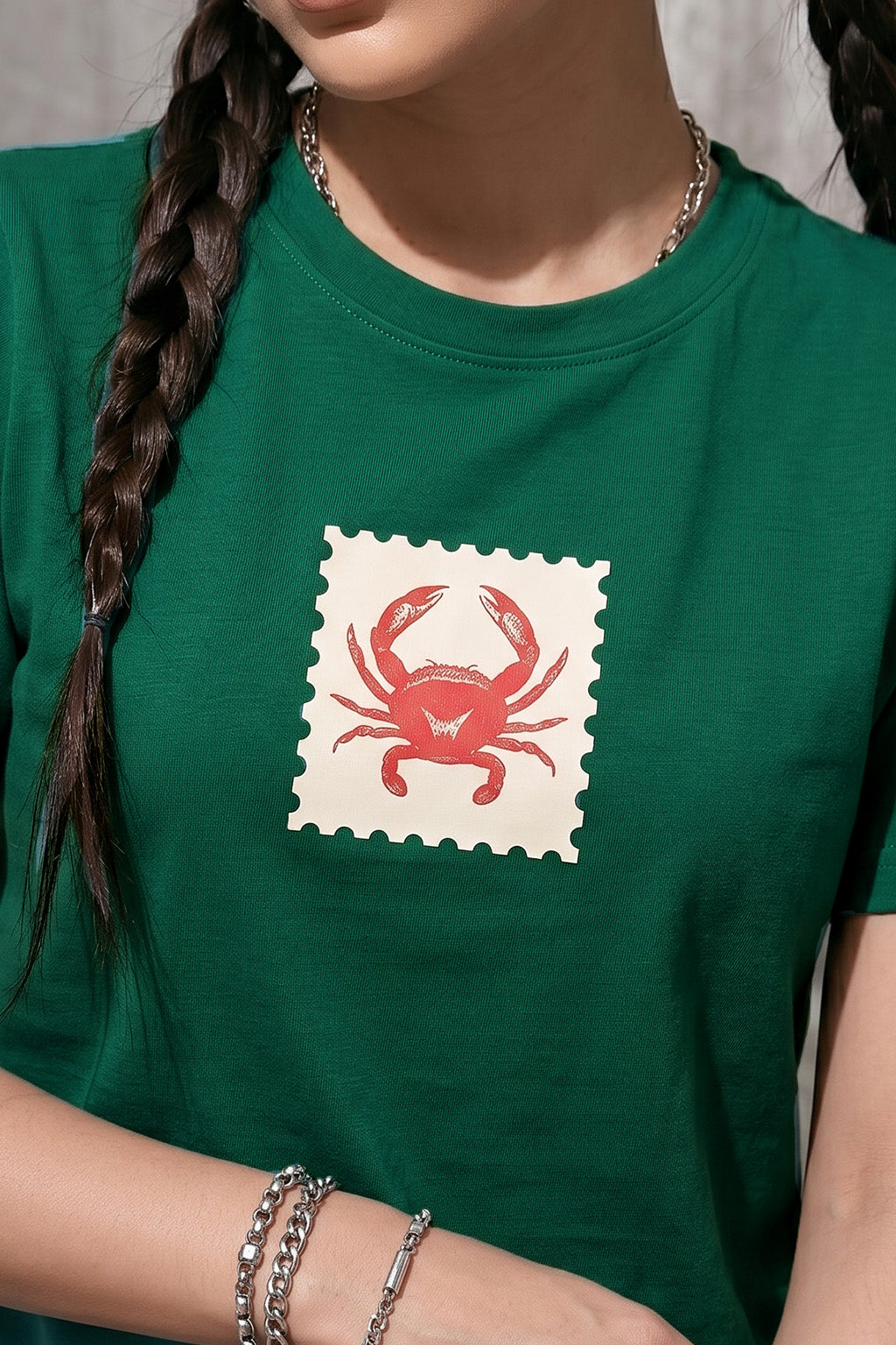 Crab Green Printed Regular Fit T-Shirt