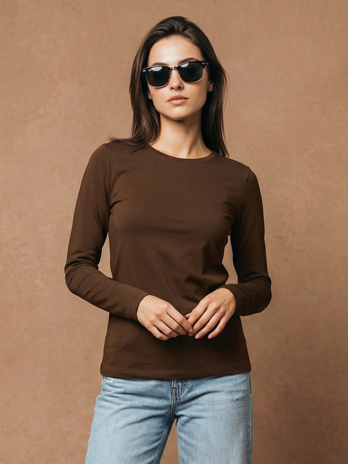 Brown Plain Full Sleeve Regular Fit T-Shirt