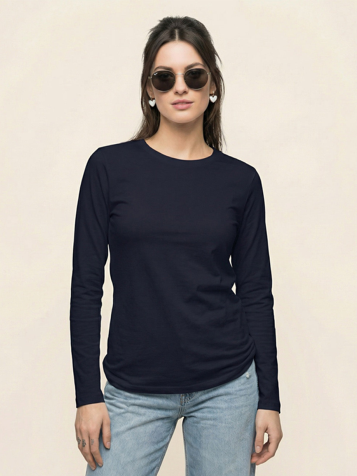 Navy Plain Full Sleeve Regular Fit T-Shirt