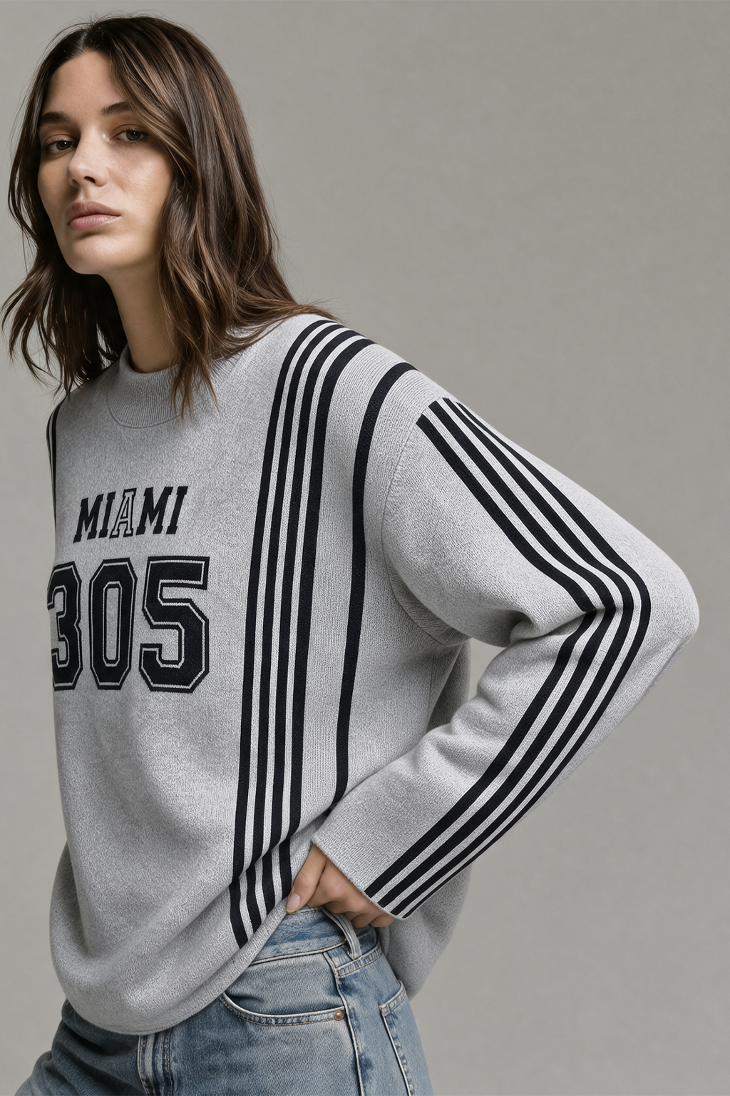 Miami Grey Flatknit Striped Sweatshirt