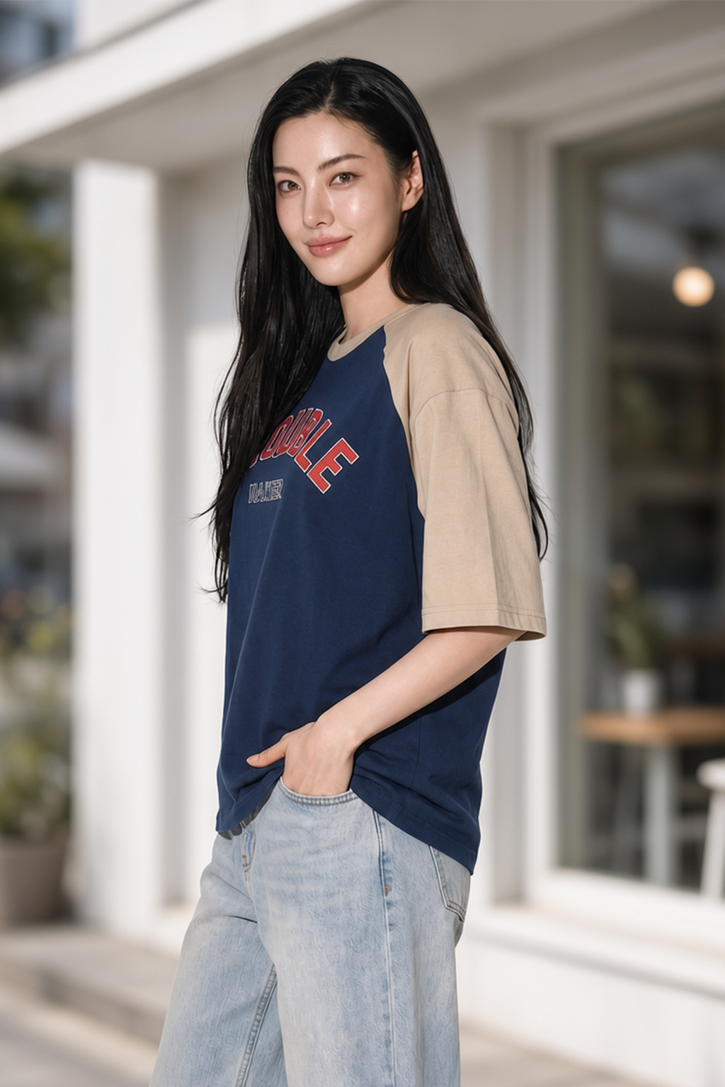 Trouble Maker Navy Blue Oversized Graphic T-Shirt