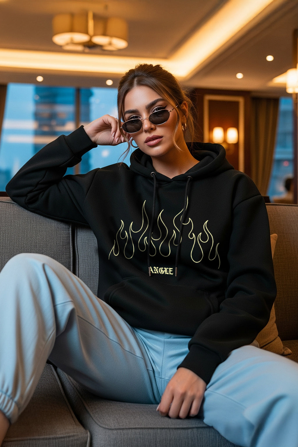 Angree Black Oversized Fit Graphic Hoodie