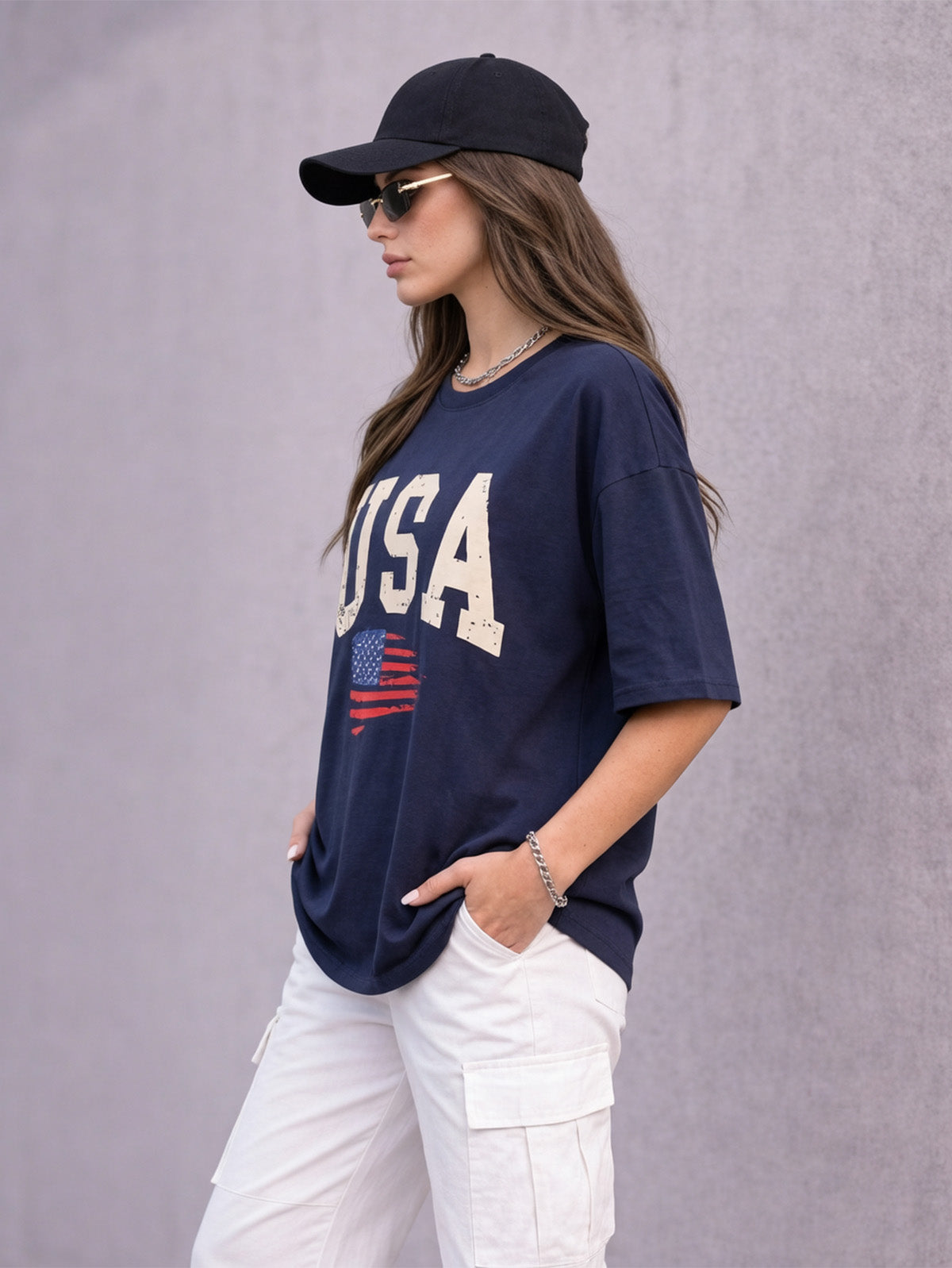 USA Navy Graphic Printed Oversized T-Shirt