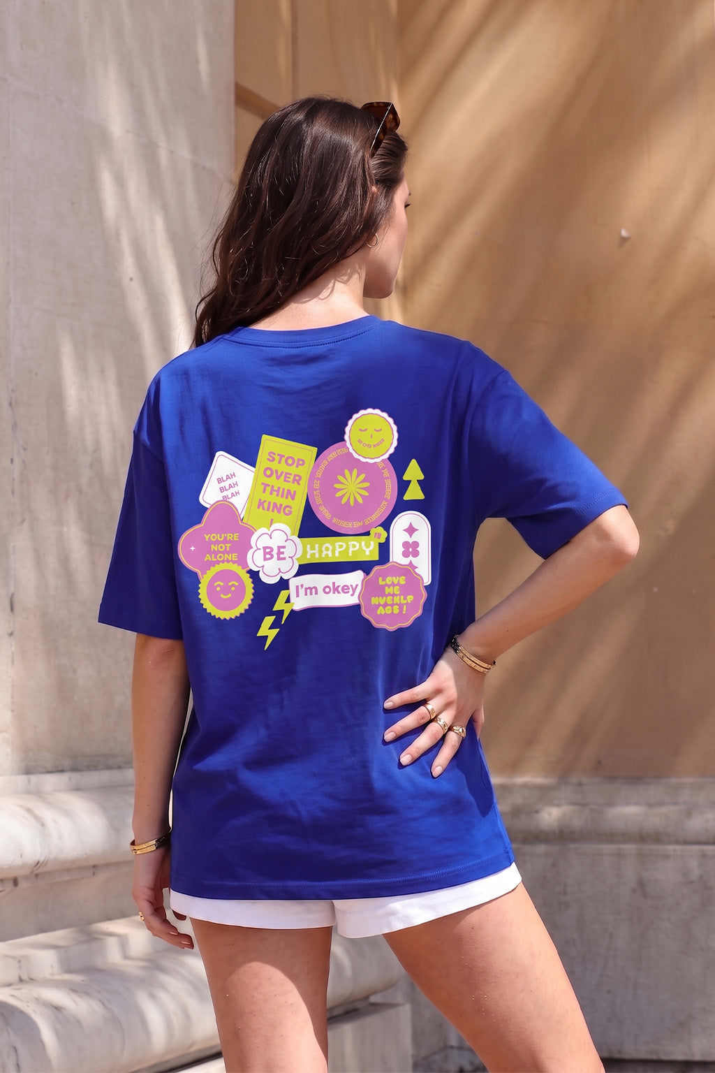 Be Happy Royal Blue Oversized Fit Graphic T-Shirt