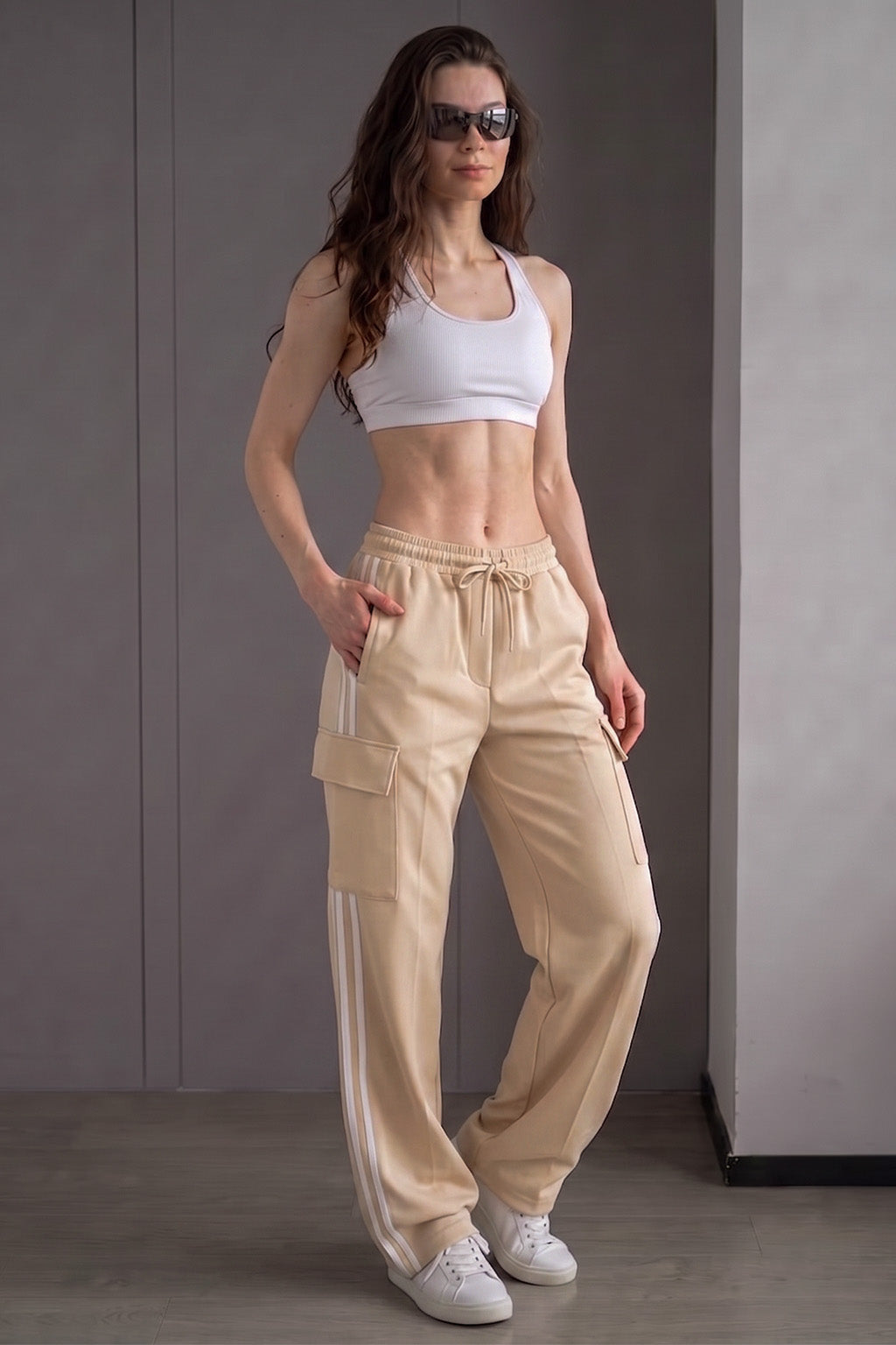 Beige Everyday Street line 4 Pocket Knitted Cargo Track Pant