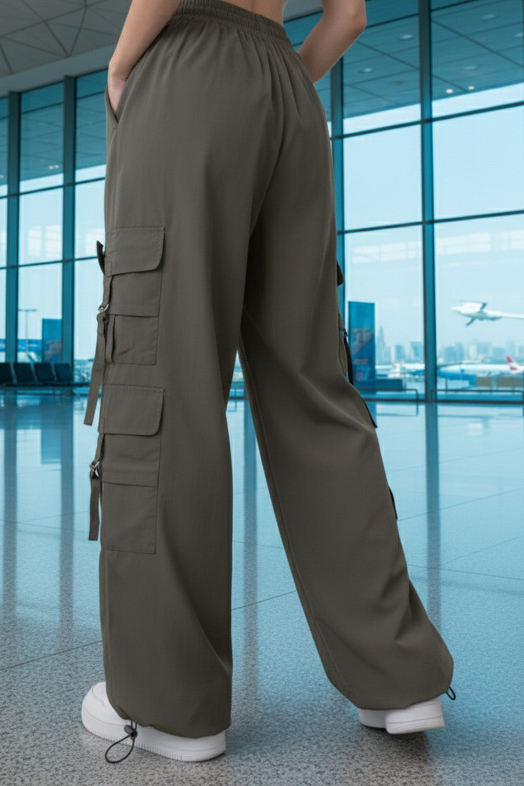 Grey 6-Pocket Drawcord Straight Fit Parachute Pant