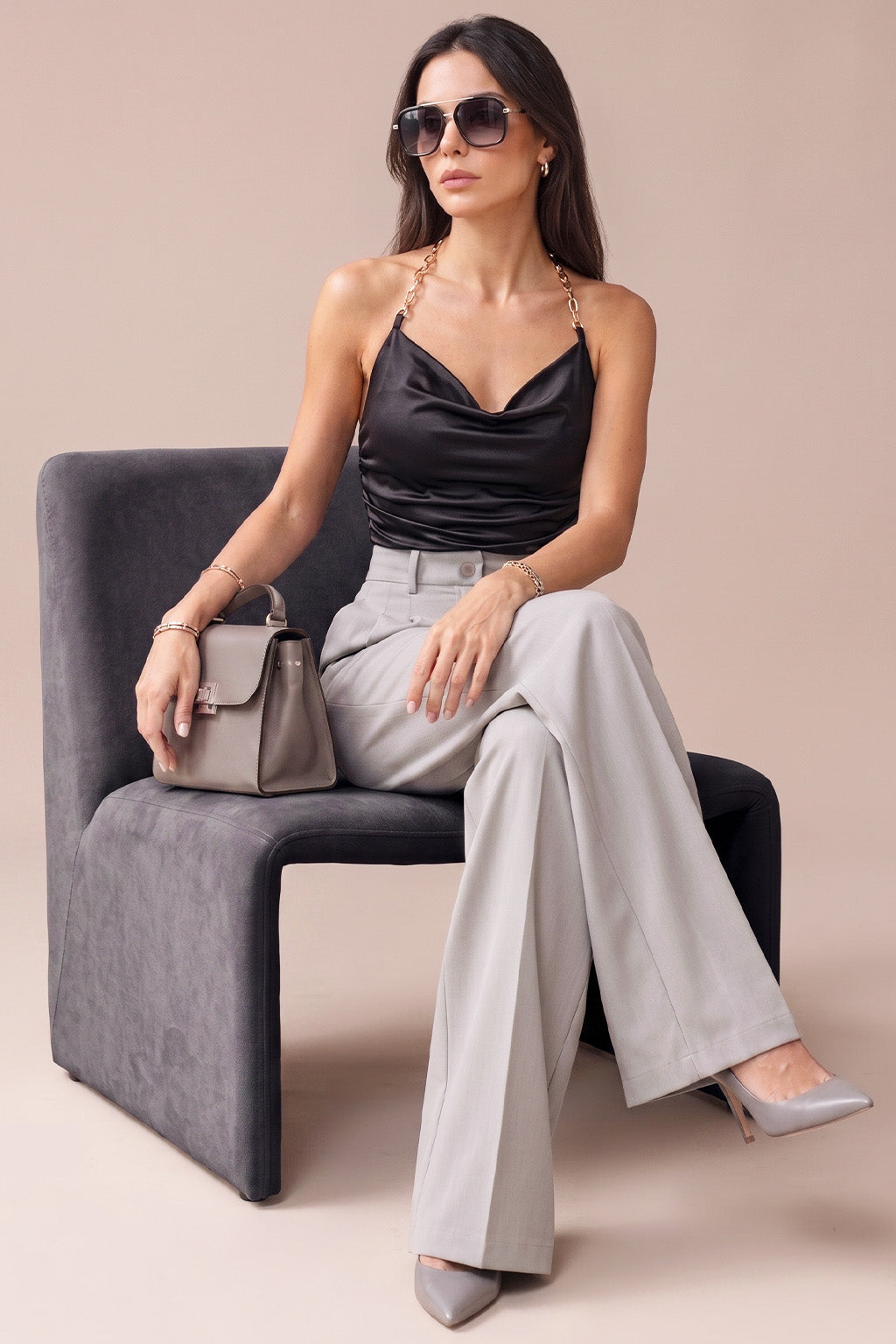 Silver Grey Classic Pleat Tailored Wide-Leg Korean Pant