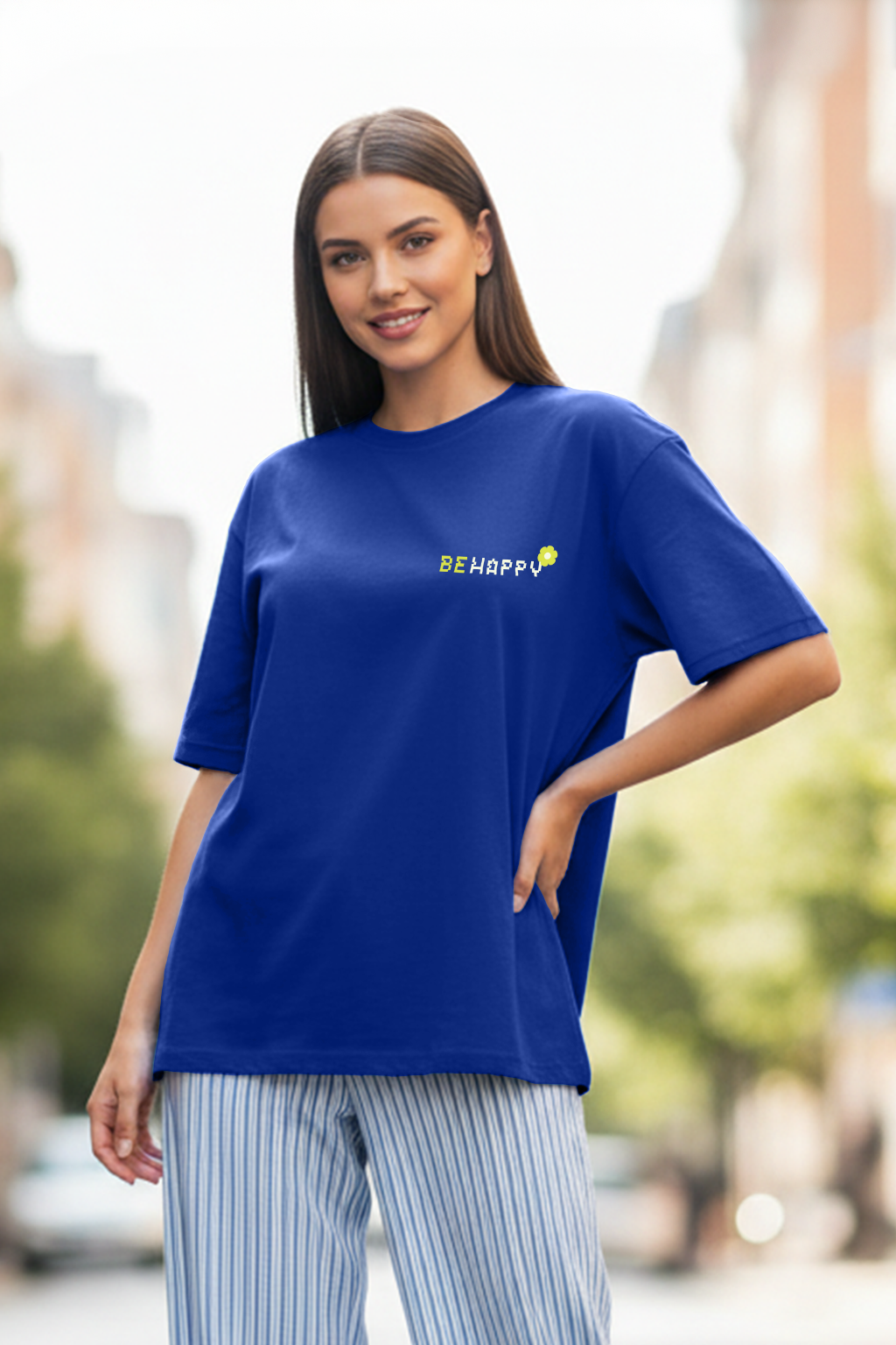 Be Happy Royal Blue Oversized Fit Graphic T-Shirt