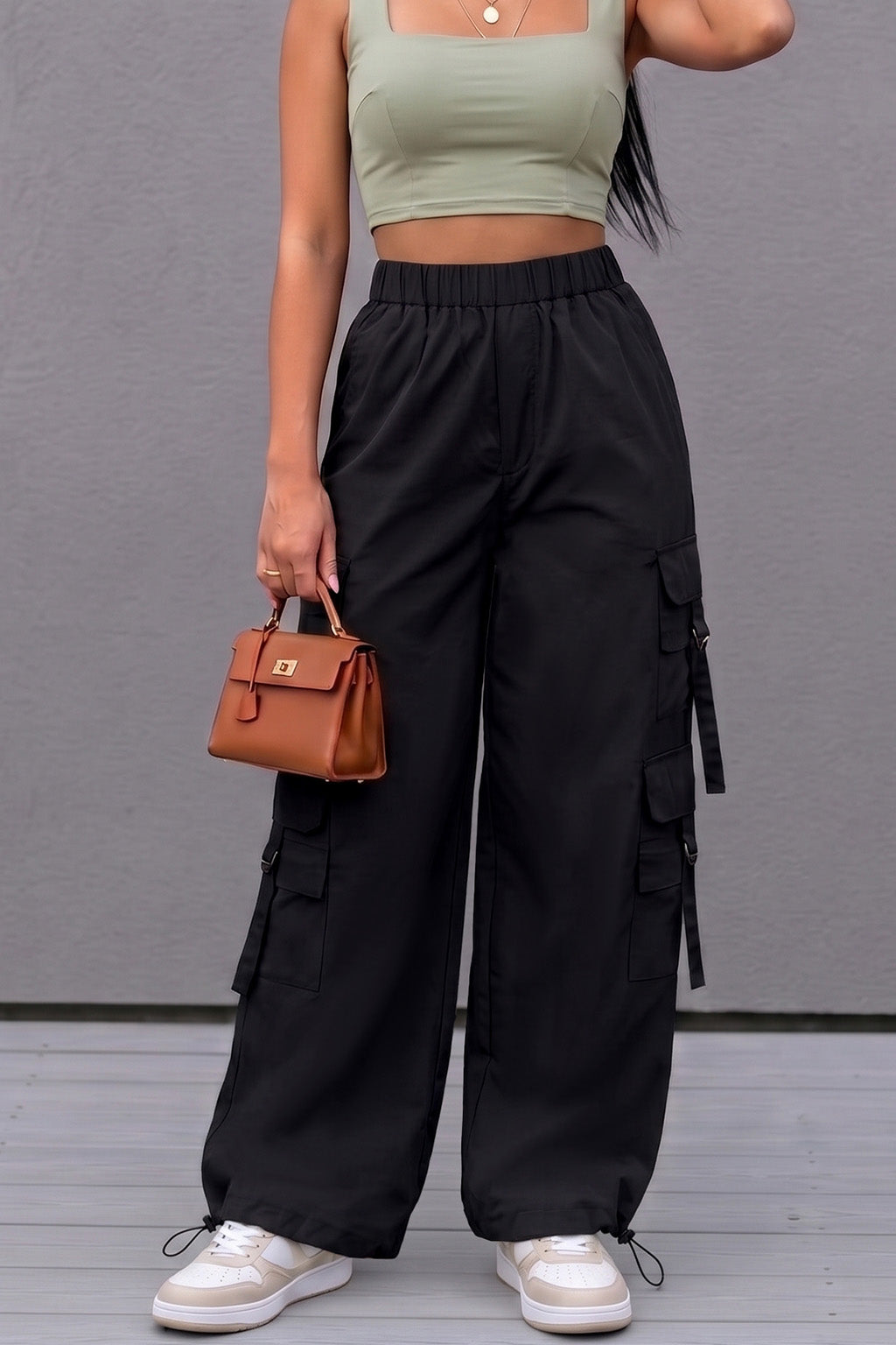 Black 6-Pocket Drawcord Straight Fit Parachute Pant