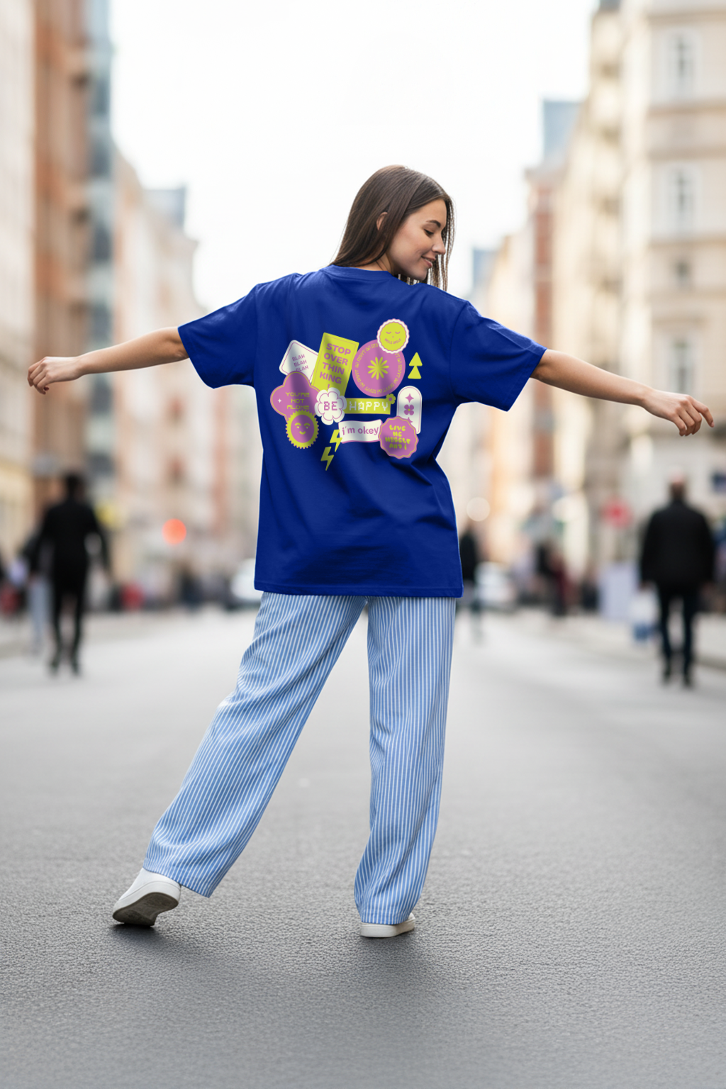 Be Happy Royal Blue Oversized Fit Graphic T-Shirt