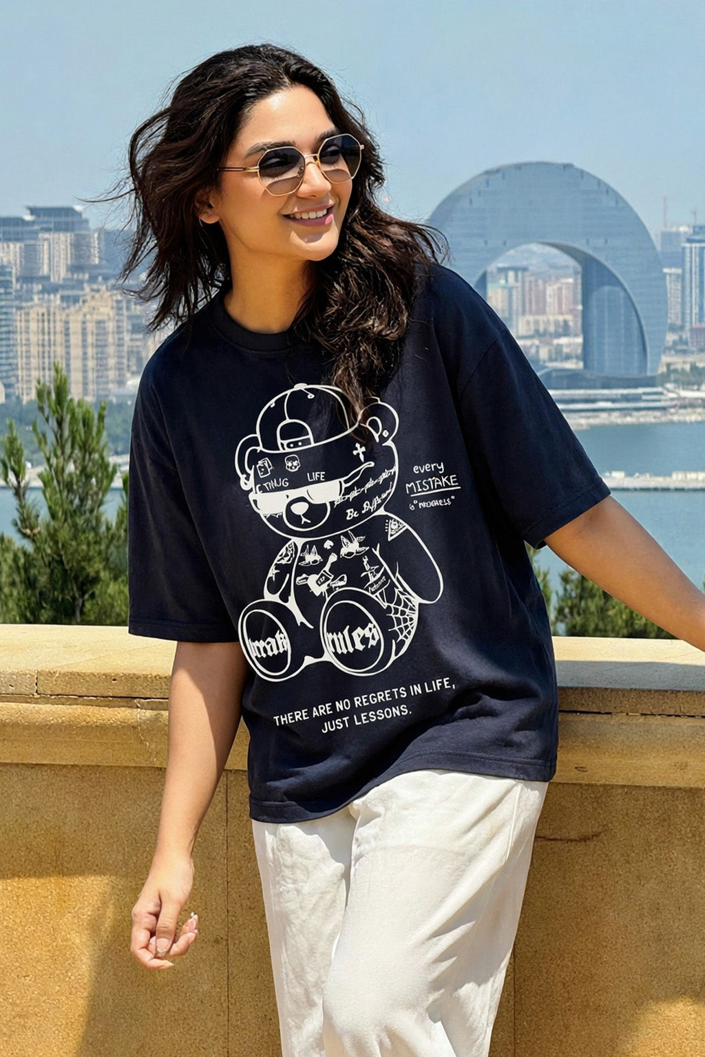 Break Rules Navy Graphic Printed Oversized T-Shirt