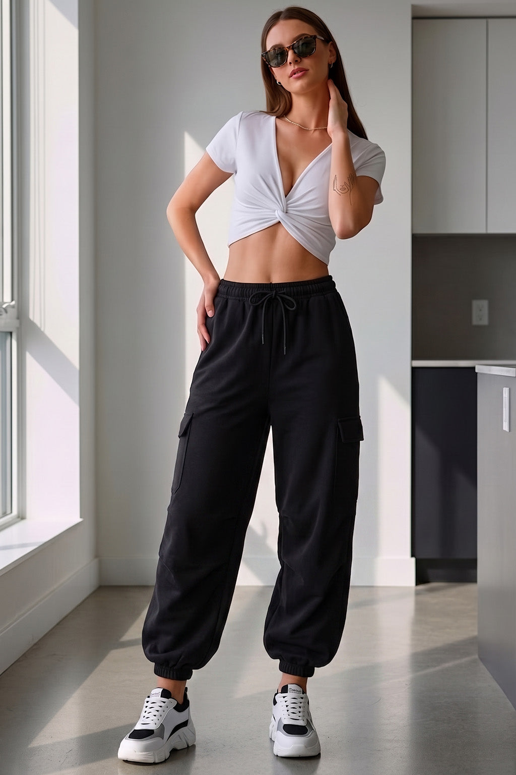 Black Solid Baggy Fit Cargo Jogger