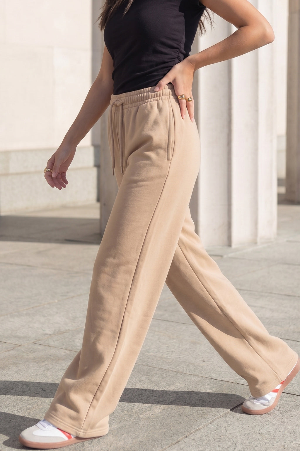 Beige Plain Wide Leg Track pant