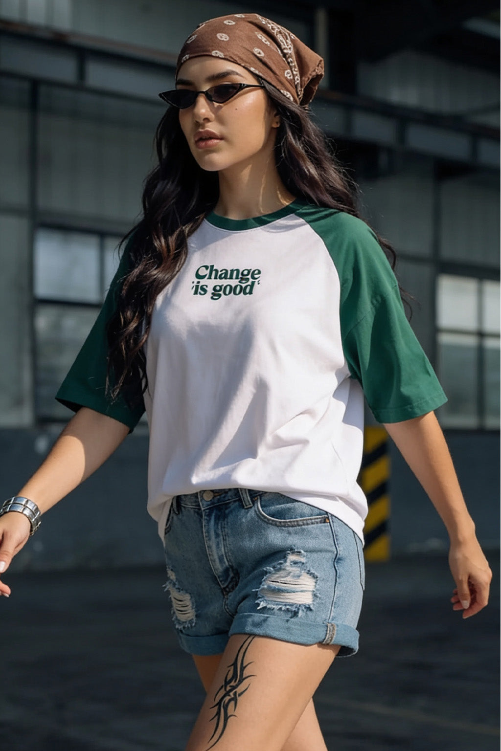Chnage Is Good Green Oversized Graphic T-Shirt