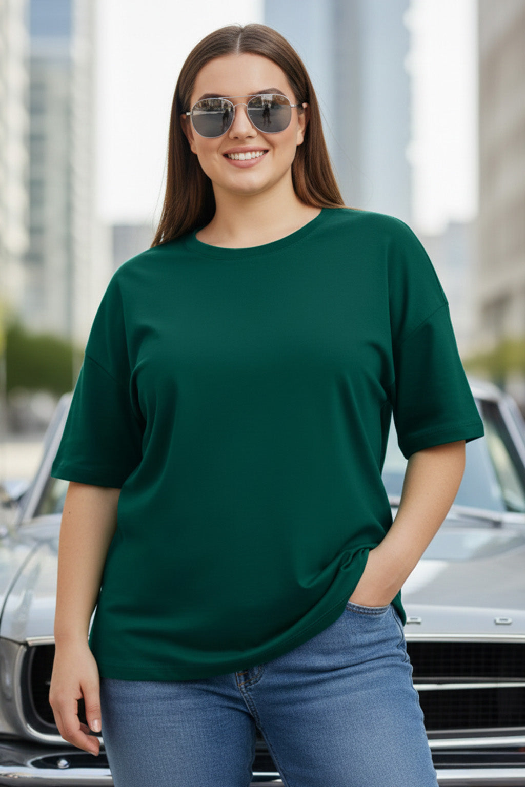 Green Plain Plus Size T-shirt
