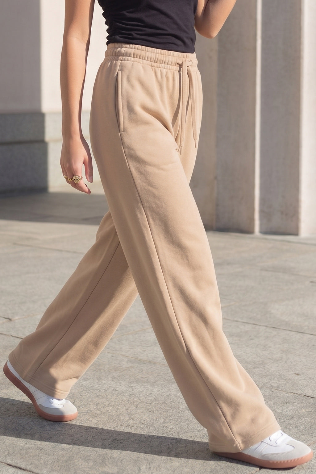 Beige Plain Wide Leg Track pant
