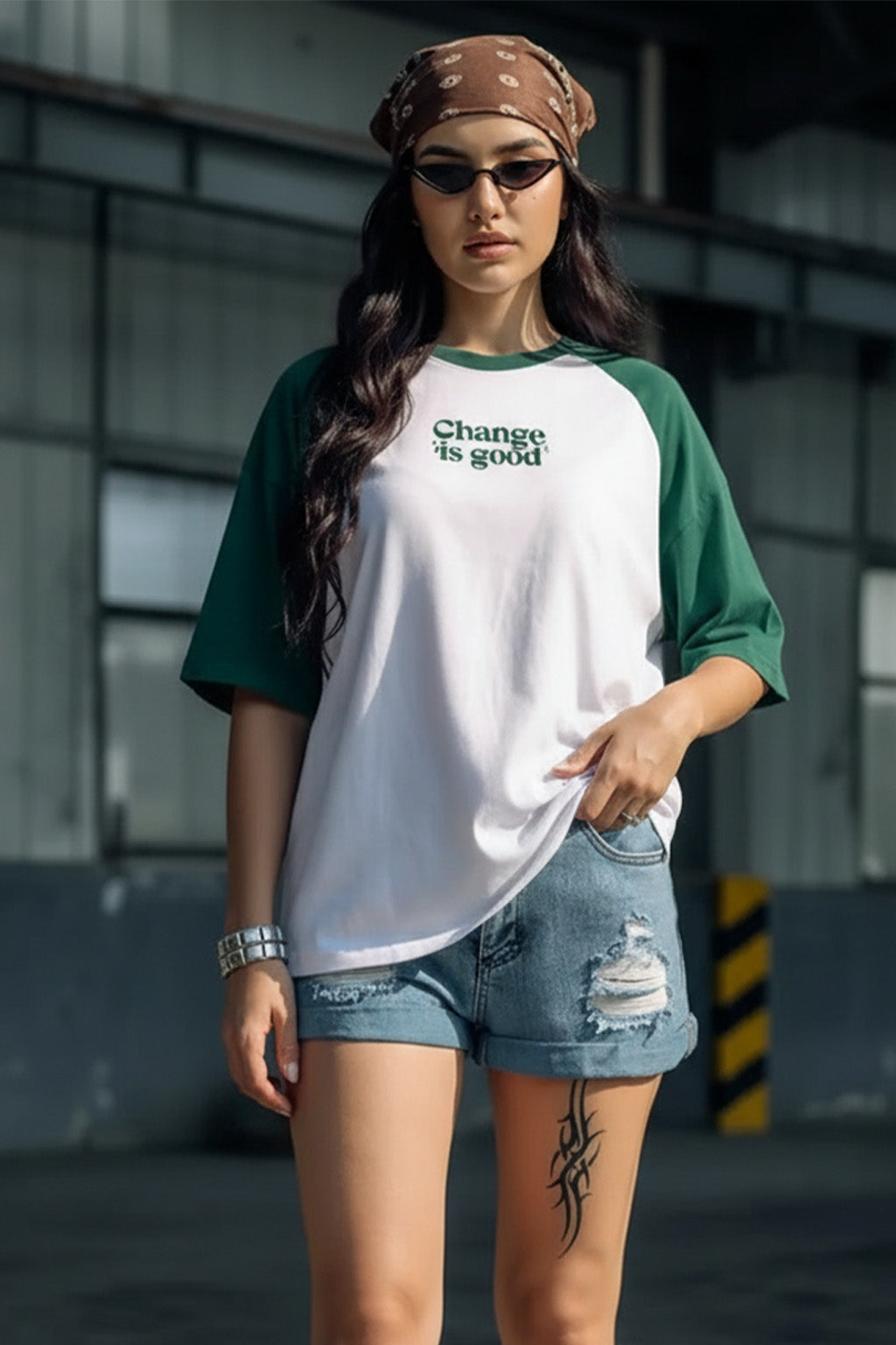 Chnage Is Good Green Oversized Graphic T-Shirt
