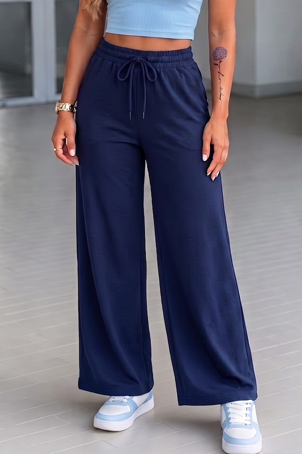 Navy Blue Plain Wide Leg Track Pant