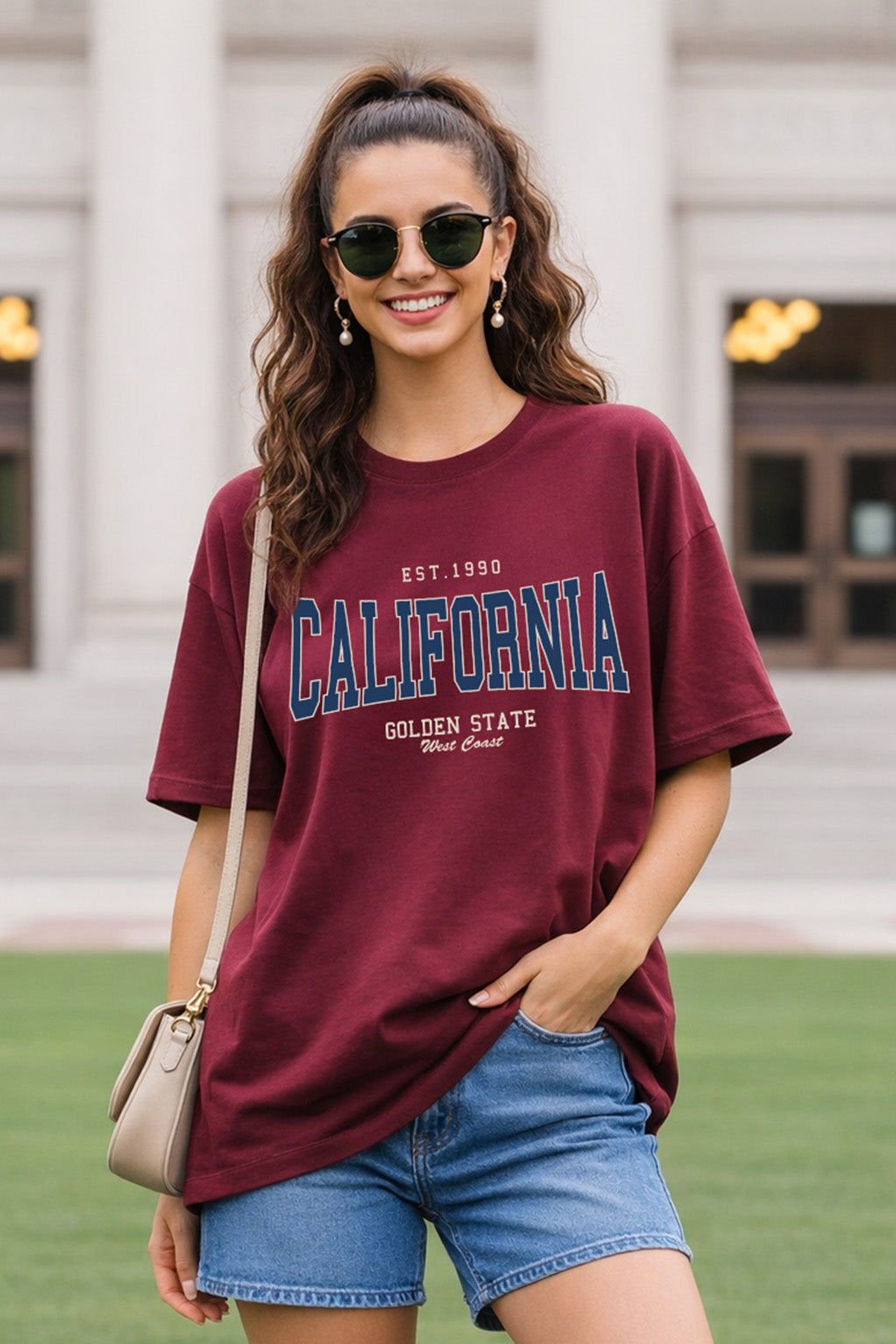 California Maroon Oversized Typographic T-Shirt
