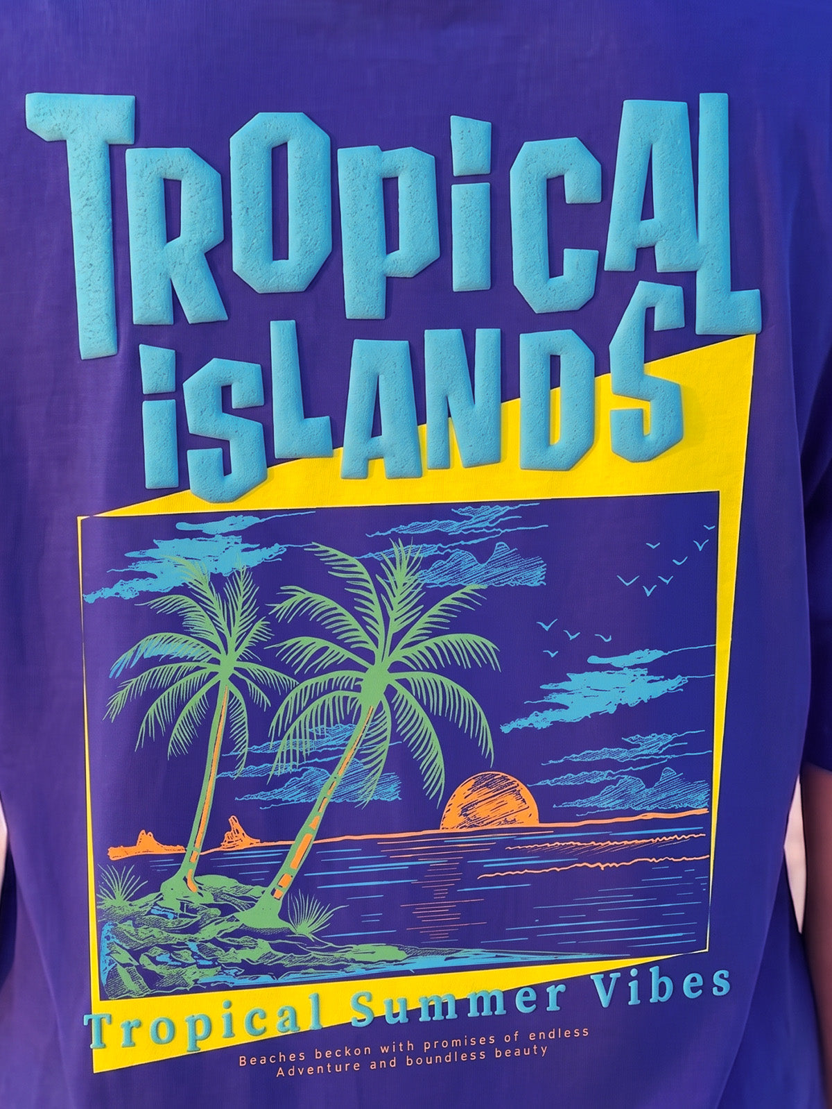 Tropical Island Royal Blue Oversized Fit Puff Printed T-Shirt