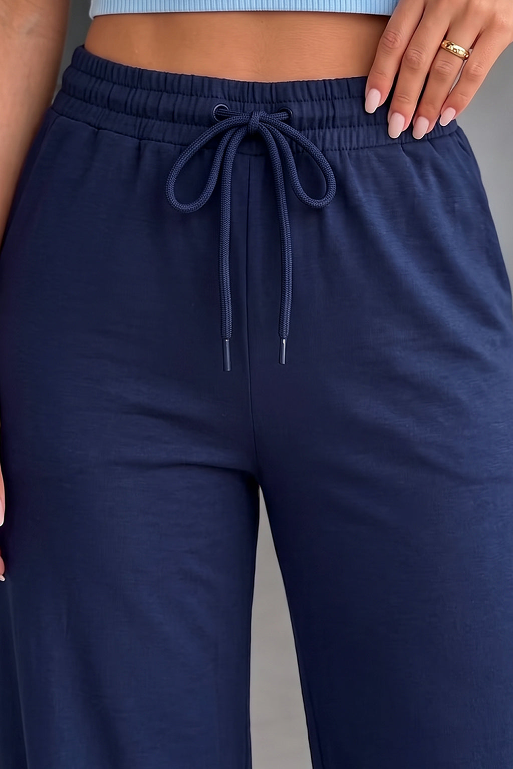 Navy Blue Plain Wide Leg Track Pant