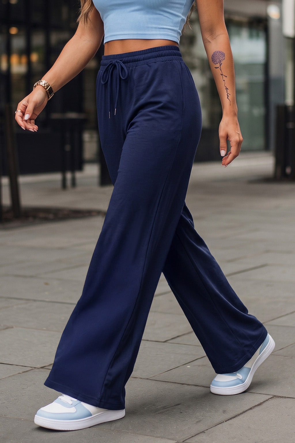 Navy Blue Plain Wide Leg Track Pant