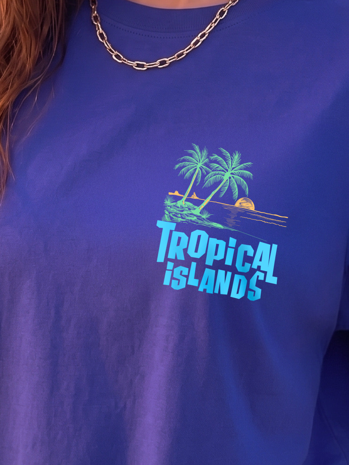 Tropical Island Royal Blue Oversized Fit Puff Printed T-Shirt