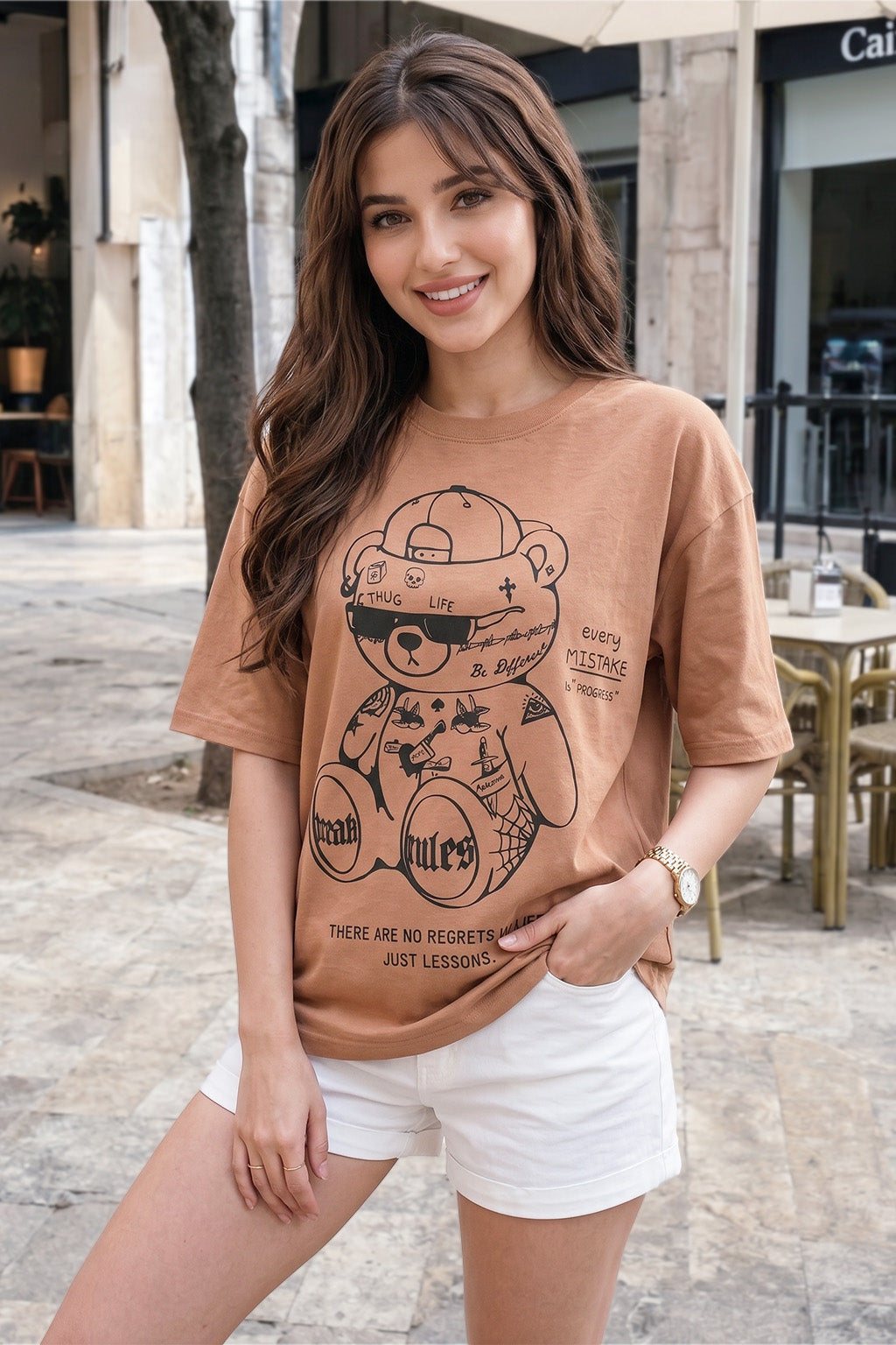 Break Rules Beige Graphic Printed Oversized T-Shirt