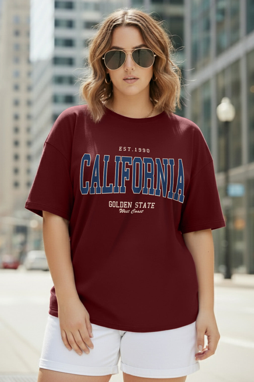 California Maroon Plus Size Printed T-shirt