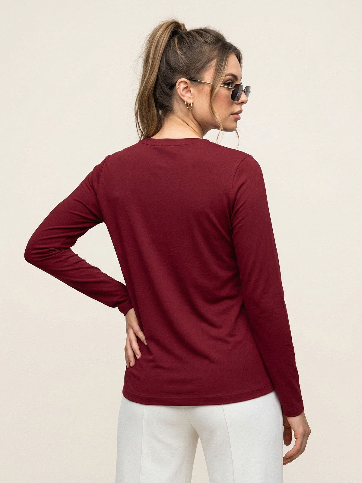 Maroon Plain Full Sleeve Regular Fit T-Shirt