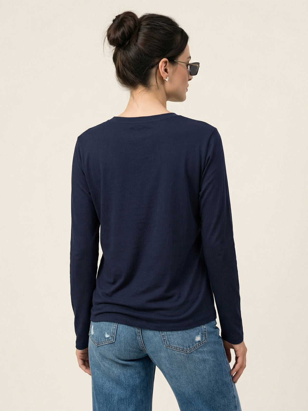 Navy Plain Full Sleeve Regular Fit T-Shirt