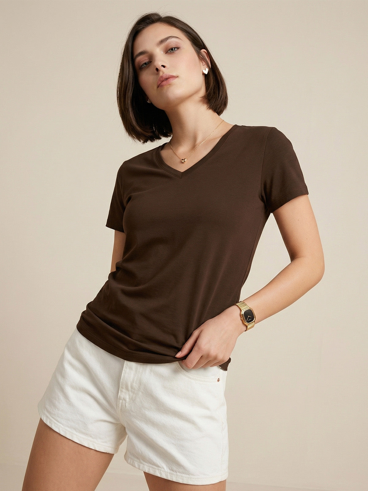 Brown Plain V-Neck Regular Fit T-Shirt