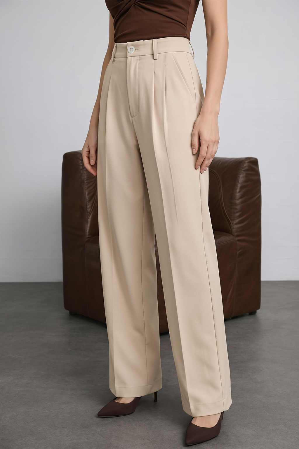 Beige High Rise Pleated Wide-Leg  Korean Pants