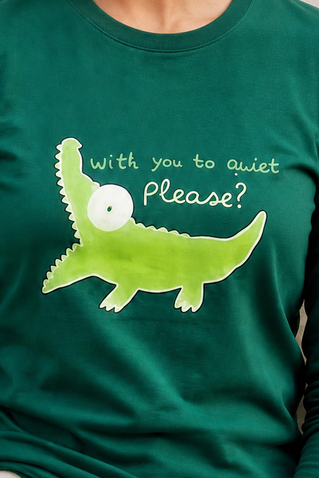 Crocodile Printed Green Full Sleeve Regular Fit T-Shirt