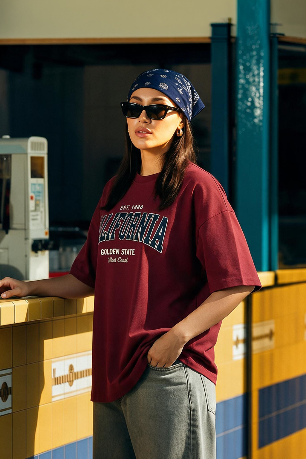 California Maroon Oversized Typographic T-Shirt