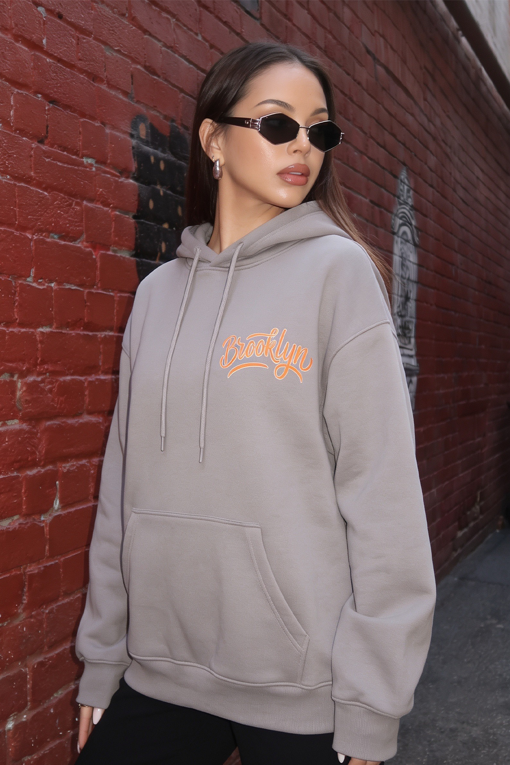 Brooklyn Typographic Printed Grey Oversized Hoodie