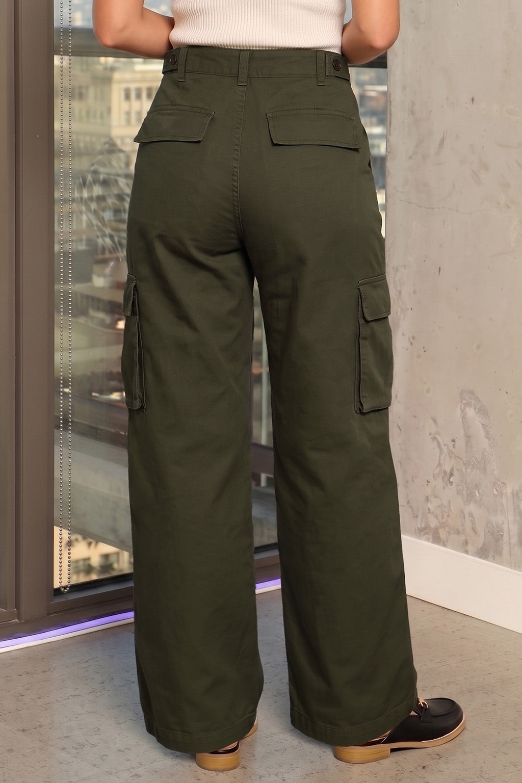Olive Green Plain 5 Pocket Straight Fit Woven Cargo