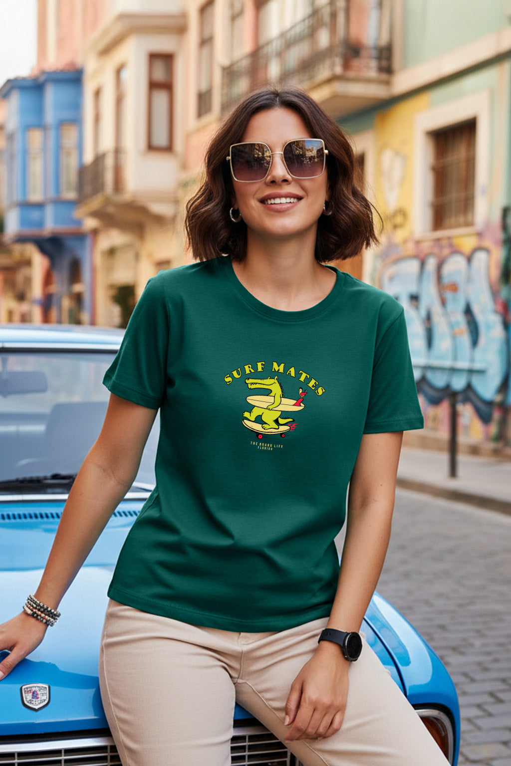 Surf Mates Green Printed Regular Fit T-Shirt