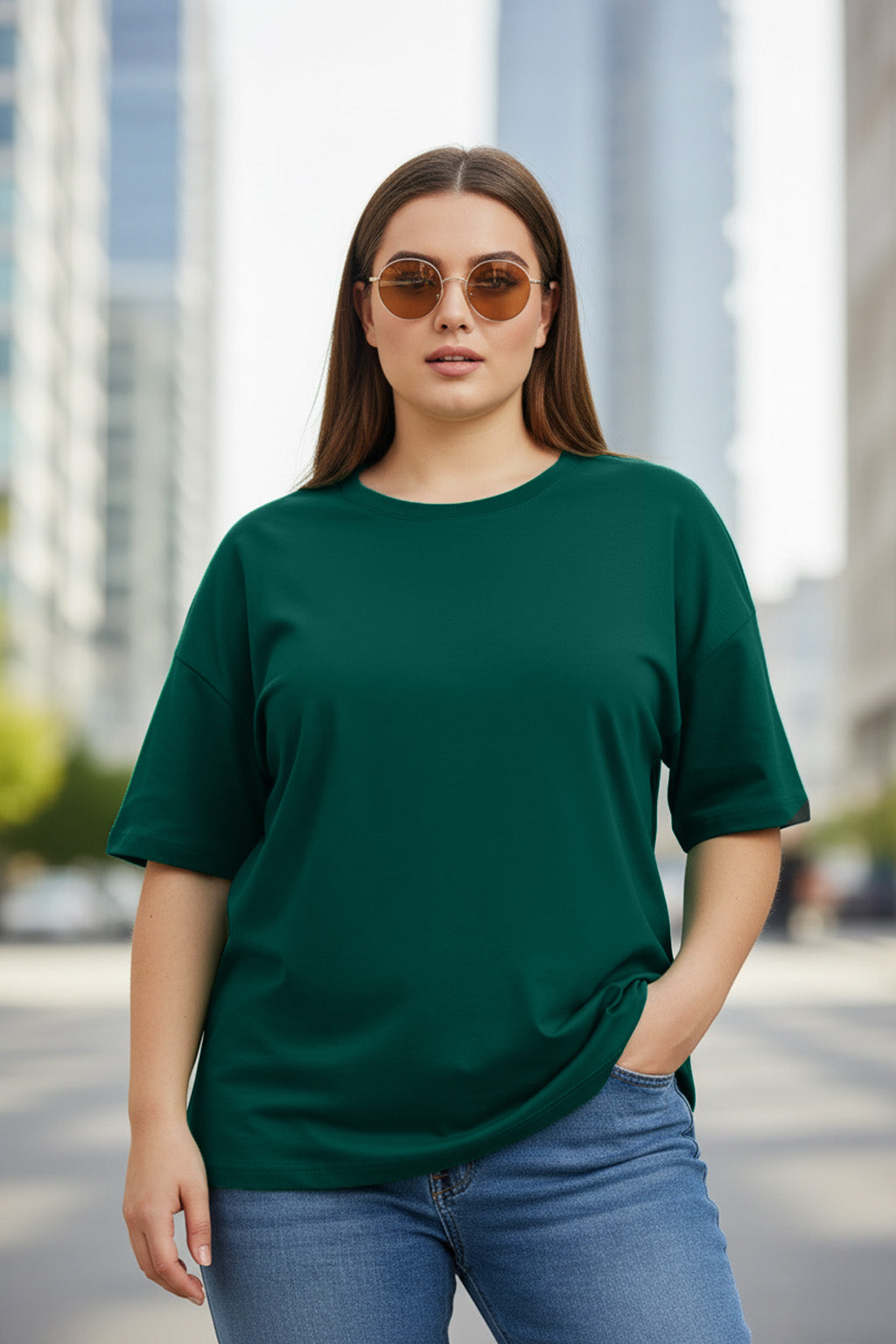 Green Plain Plus Size T-shirt