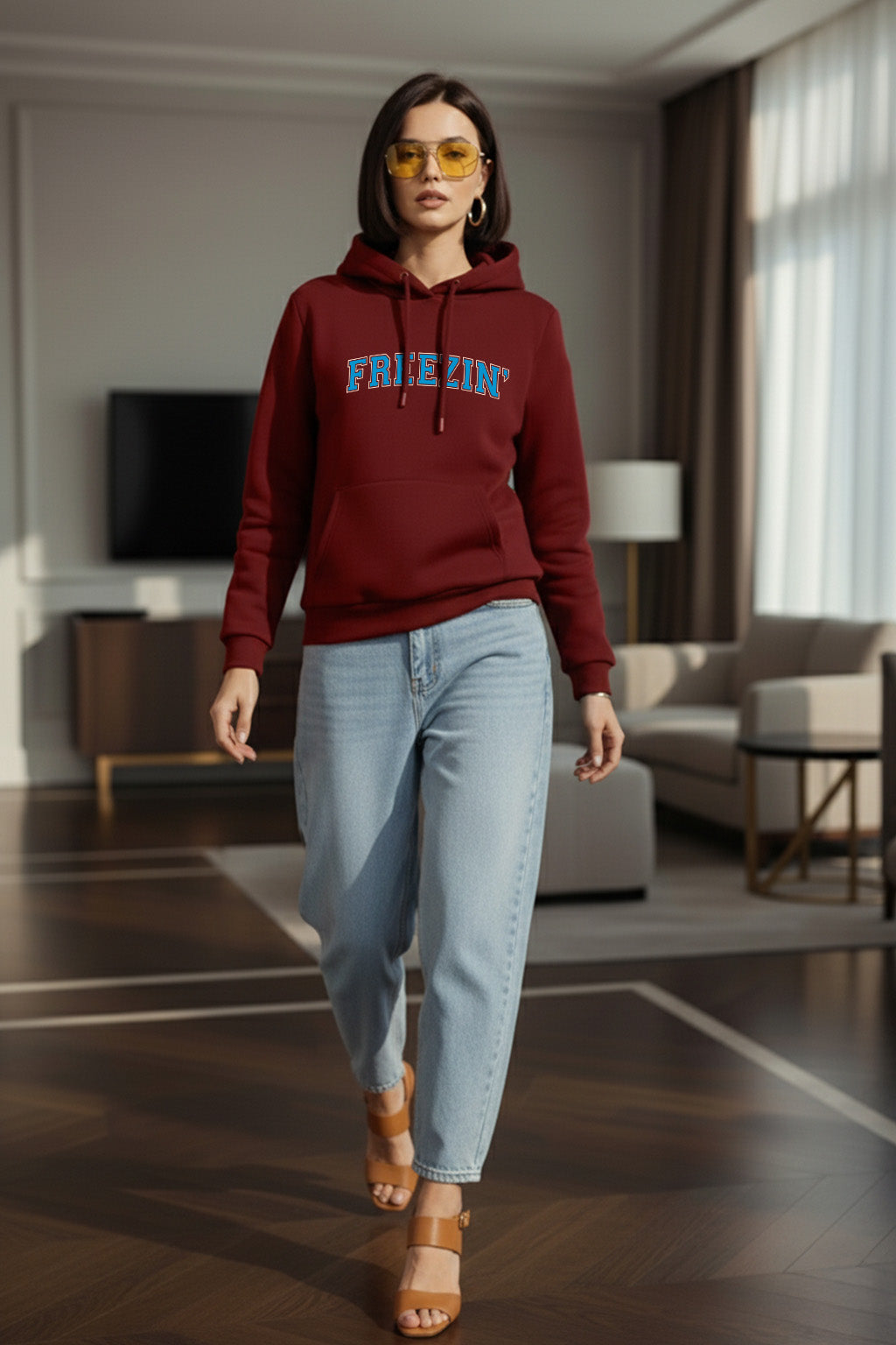 Freezin Maroon Regular Fit Printed Hoodie