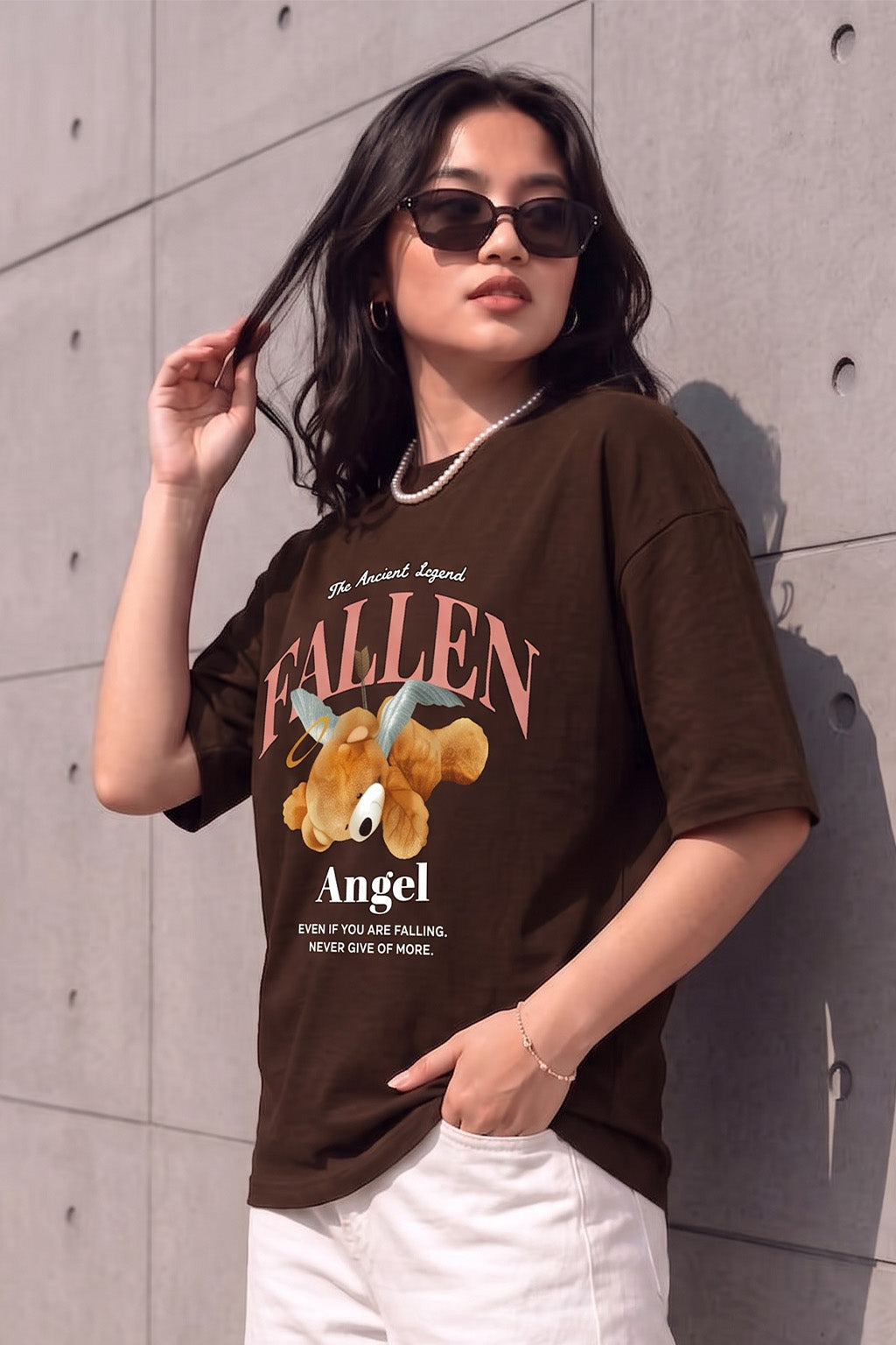 Fallen Angel Brown Oversized Printed T-Shirt