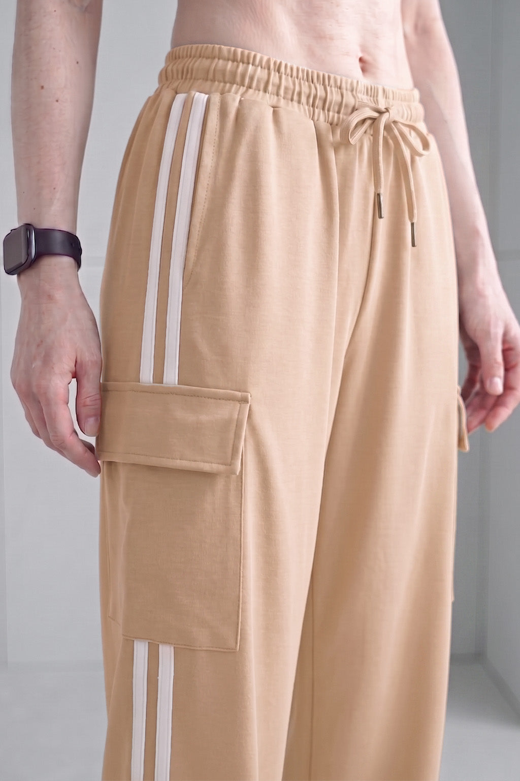 Beige Everyday Street line 4 Pocket Knitted Cargo Track Pant