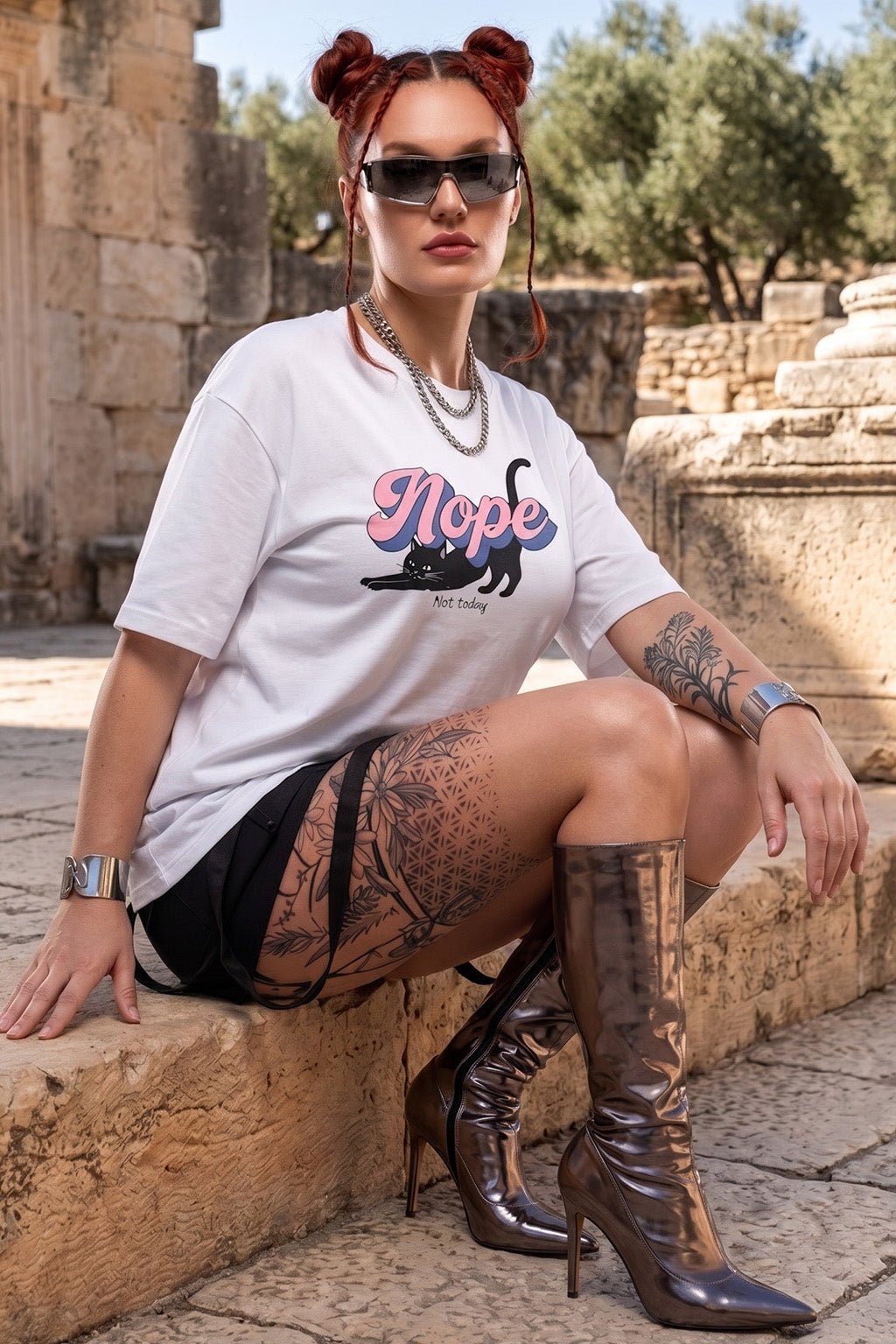 Nope White Oversized Graphic Printed T-Shirt