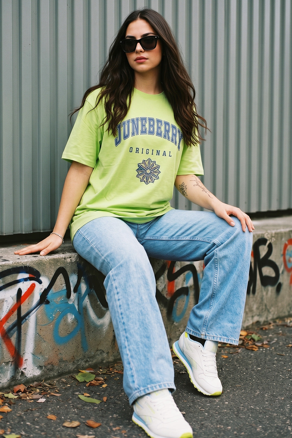 Juneberry Original Neon Green Oversized Fit Graphic T-Shirt