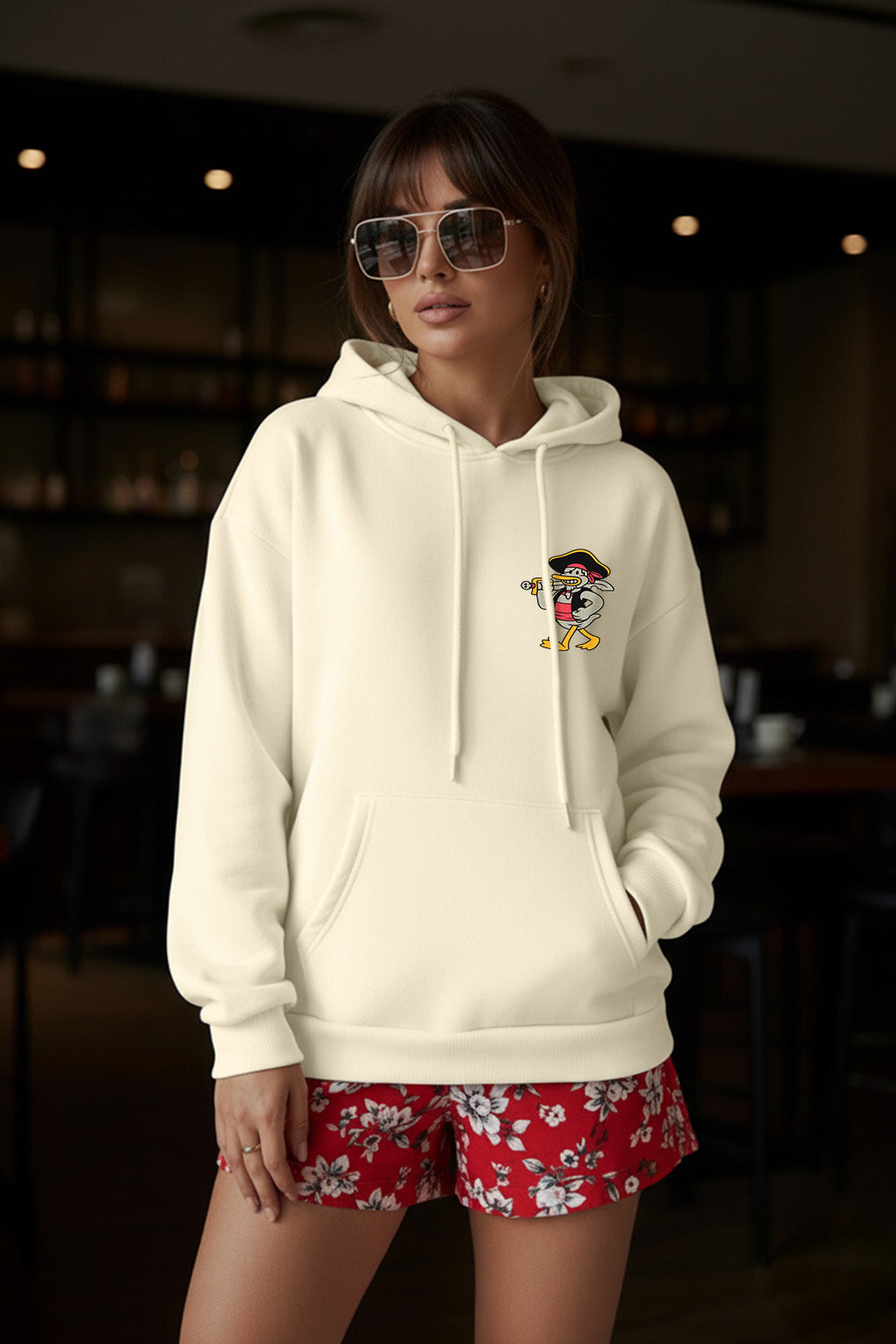 Duck Graphic Printed Off White Oversized Hoodie