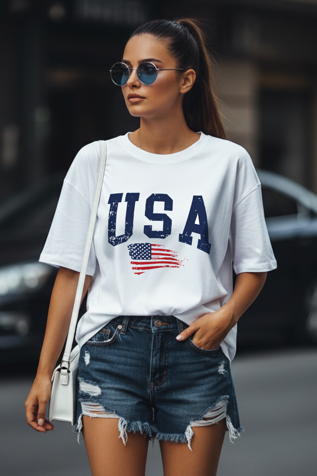 USA White Graphic Printed Oversized T-Shirt