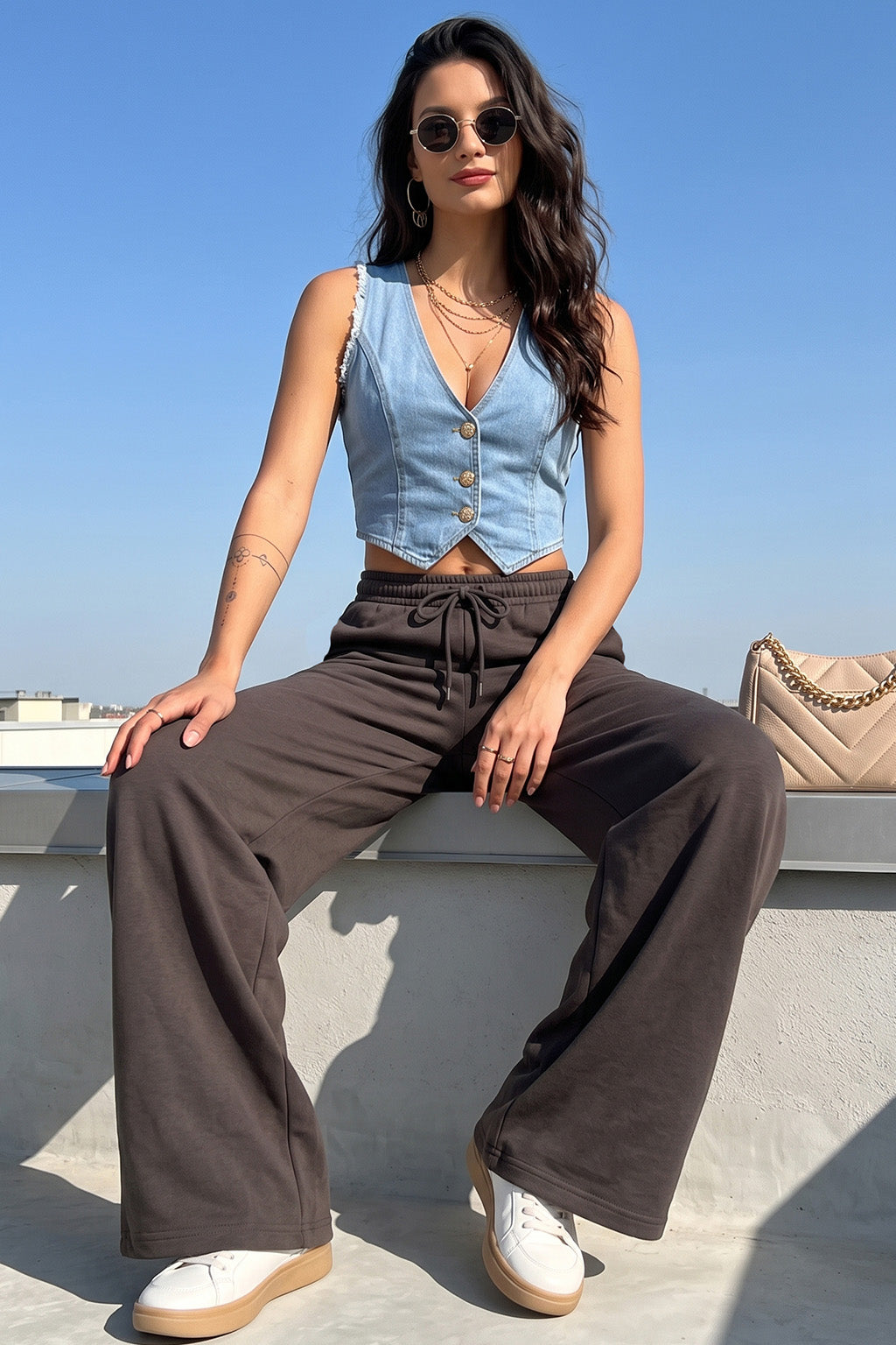 Brown Plain Wide Leg Track Pant