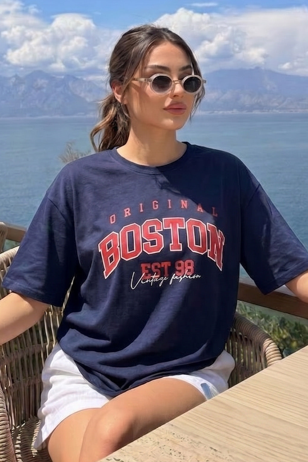 Boston Navy Graphic Printed Oversized T-Shirt