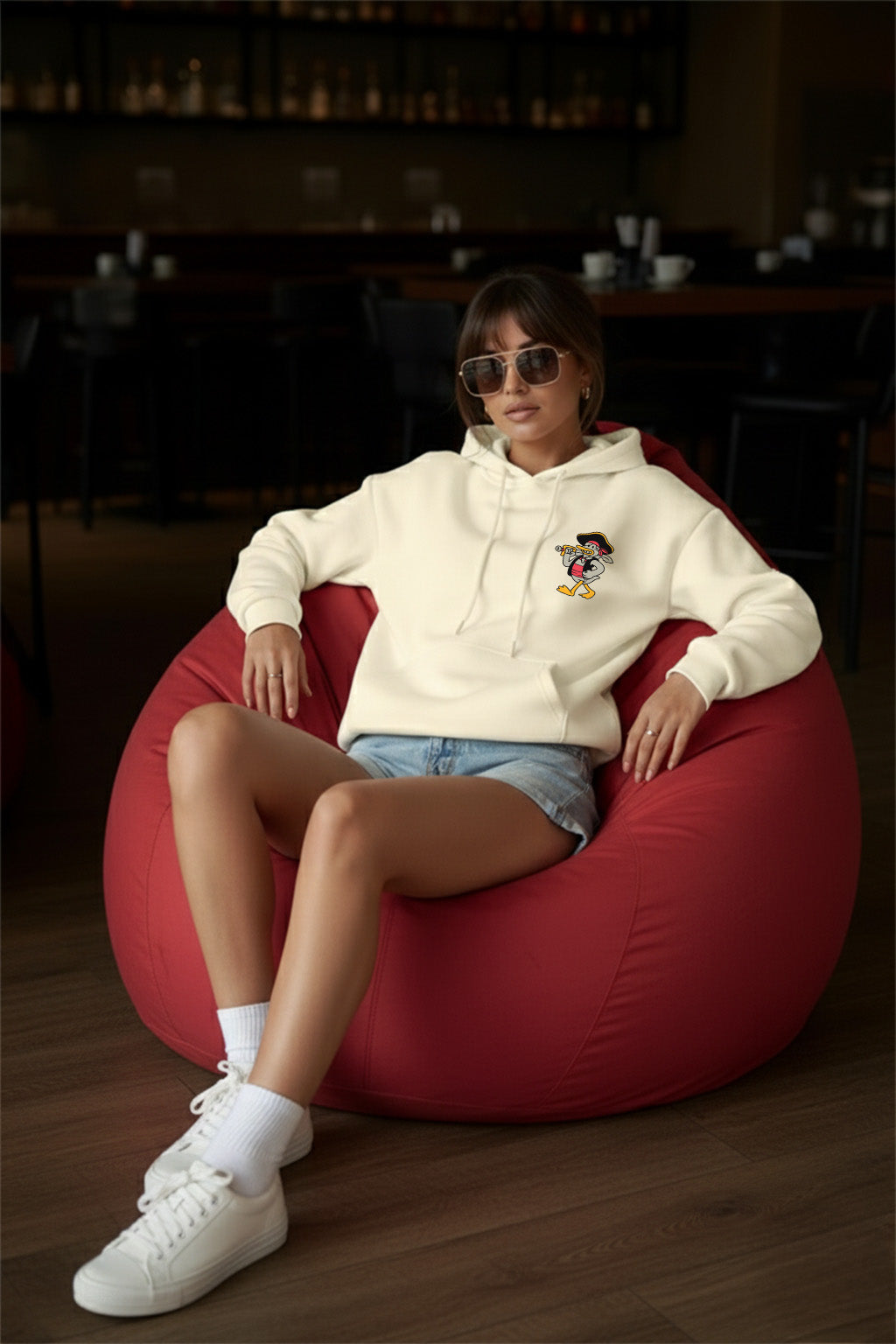 Duck Graphic Printed Off White Oversized Hoodie